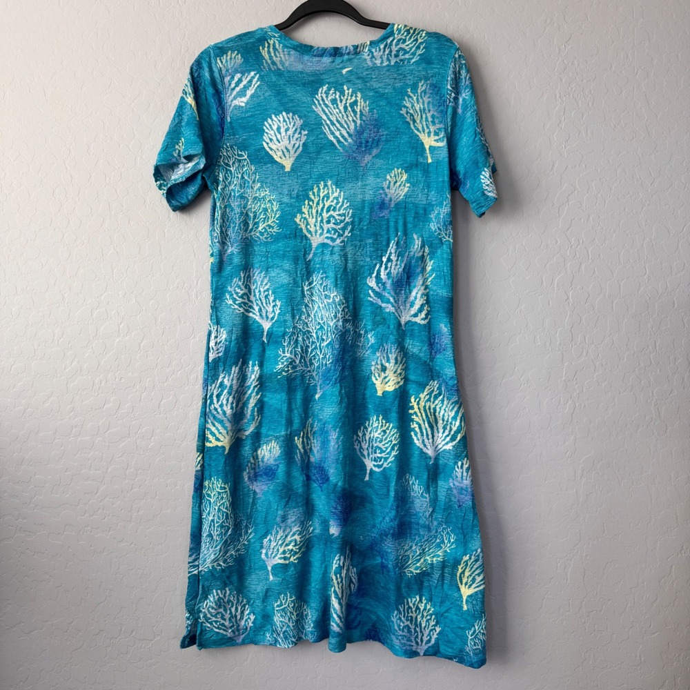 David‎ Cline Large Women's Teal Coral Print V Neck Short Sleeve Casual Dress - Picture 2 of 8